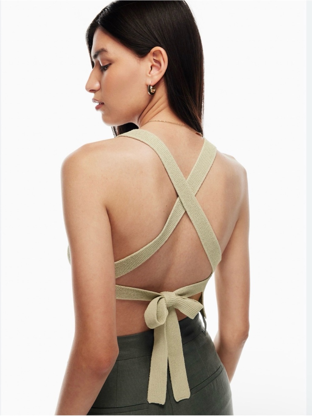 Aritzia Cayenne Top in Sage Green Knit Cross-Back Crop Top